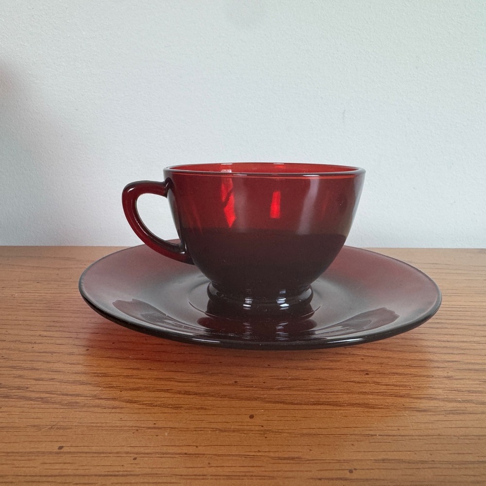 Vintage Ruby Red Anchor Hocking Red‎ Glass Tea Cup and Saucer Set MCM